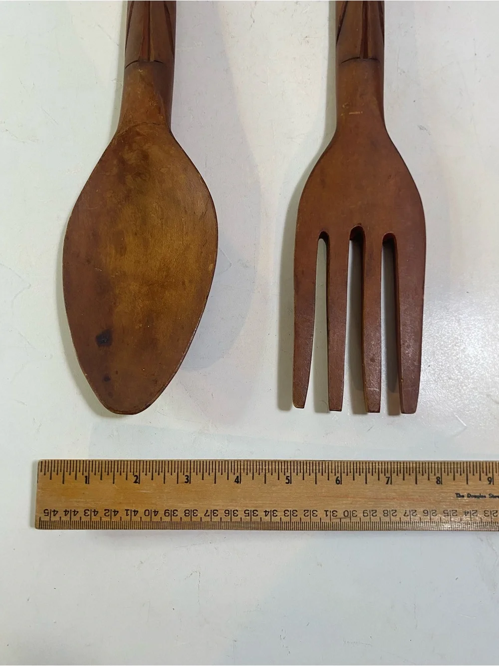 Vintage Carved Totem Monkey Pod Wooden Fork & Spoon 13” Length Partial Sticker